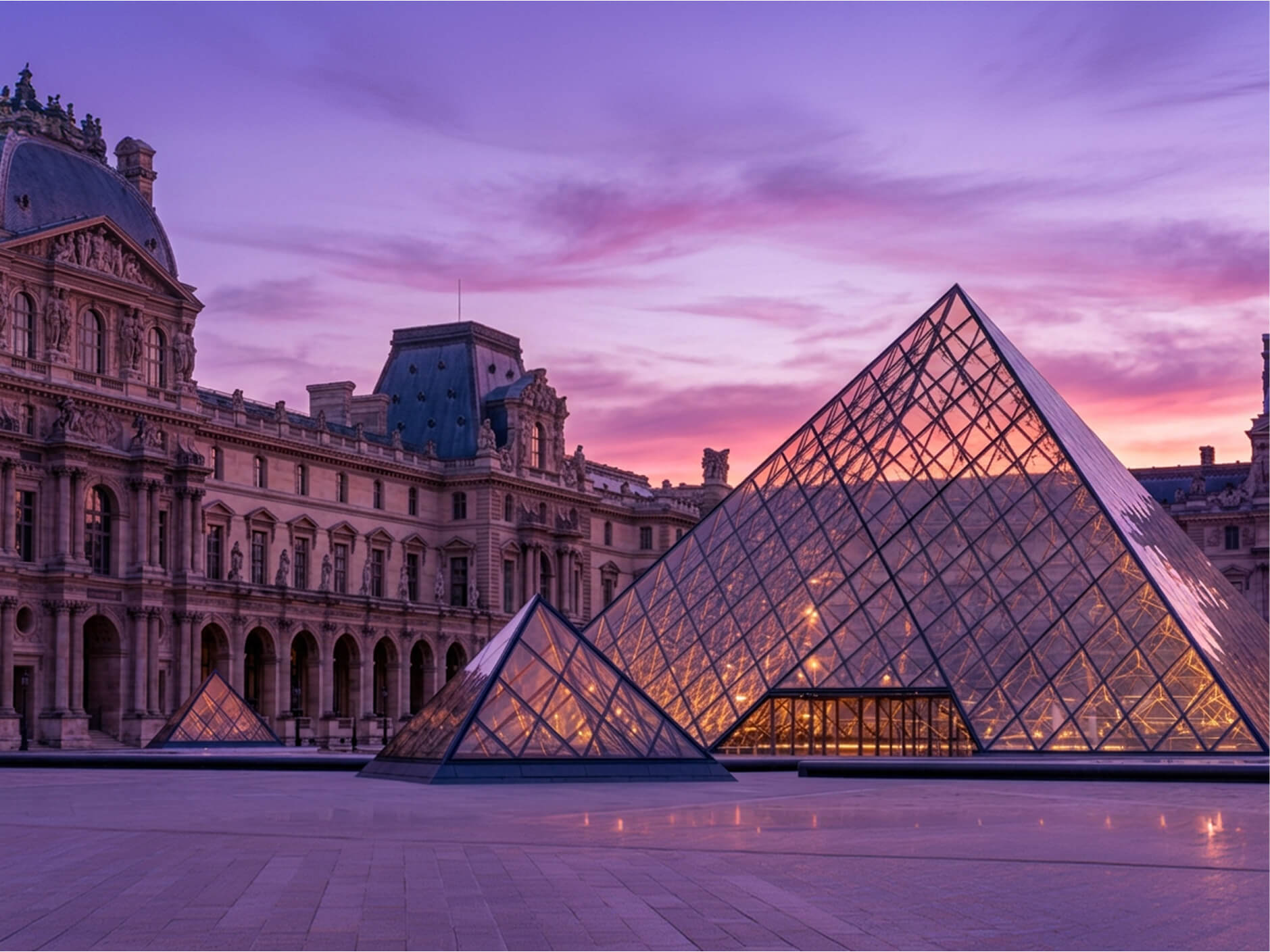La entrada de la pirámide de cristal del Louvre en París al atardecer, con el histórico edificio del museo iluminado de fondo