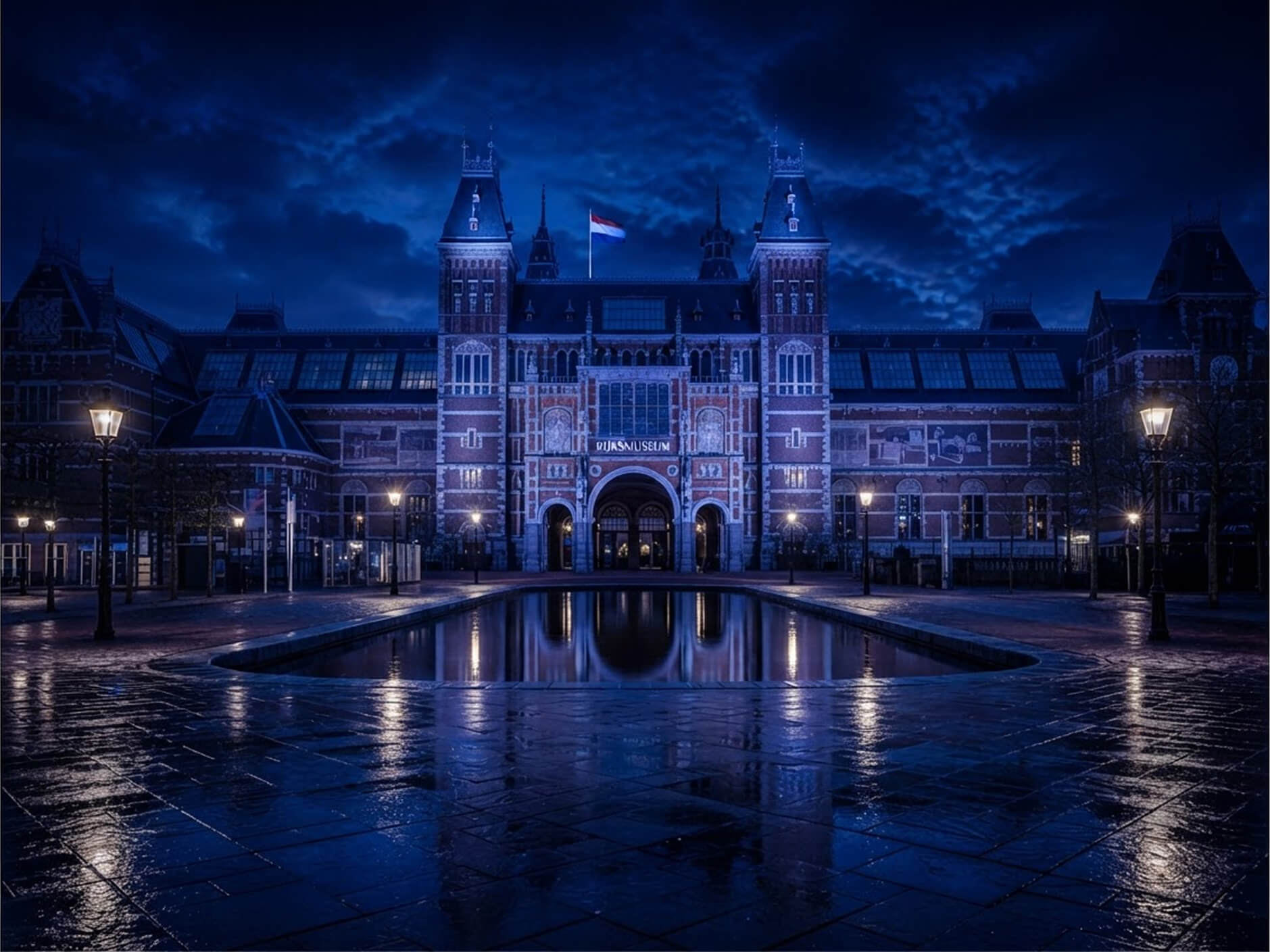 Il Rijksmuseum ad Amsterdam, la sua facciata gotica in mattoni rossi riflessa nel canale