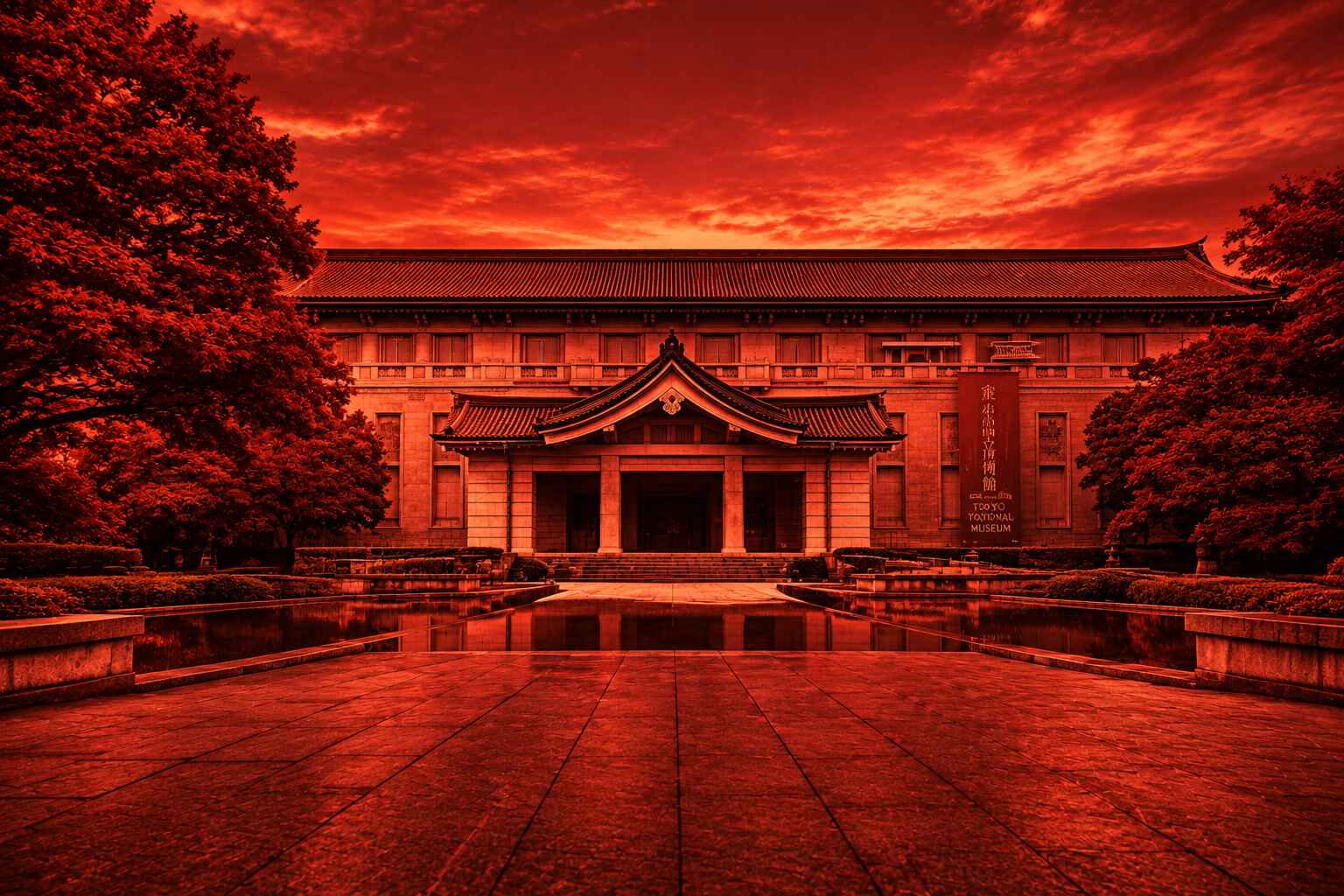 Das Hauptgebäude Honkan des Tokyo National Museum im Ueno-Park, seine klassische Fassade mit japanischen Einflüssen